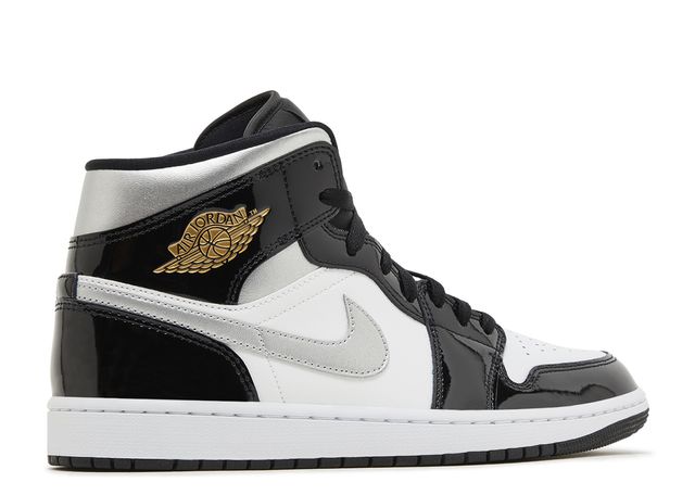 Jordan 1 Mid SE Patent Black White Metallic Silver Metallic Gold